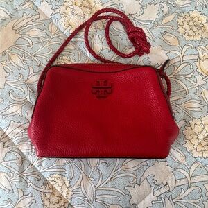 Tory Burch Red Leather Crossbody Bag with Woven Strap